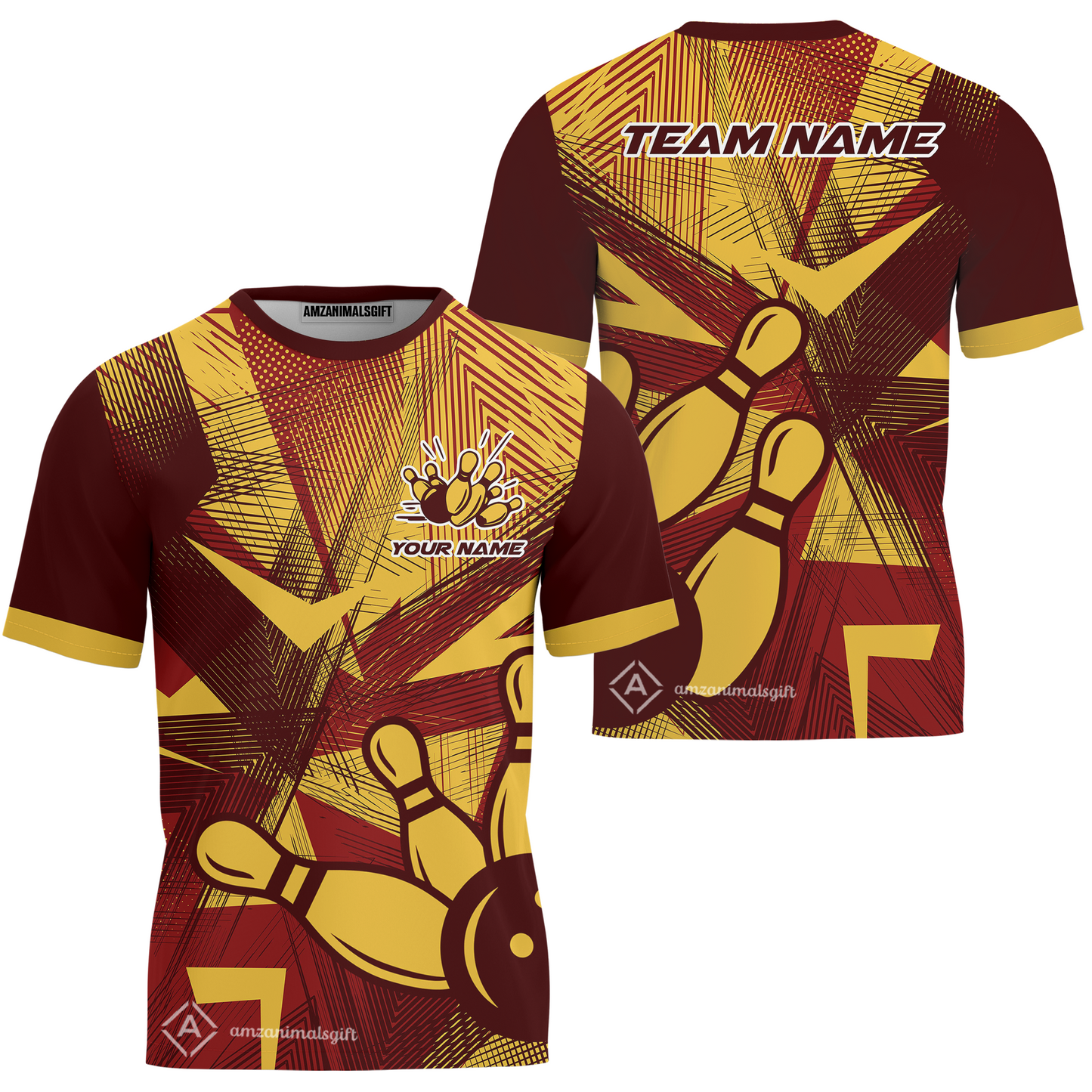 Customized Bowling T-Shirt, Bowling Ball And Pins Esport Pattern Multicolor Option T-Shirt Uniform For Bowlers
