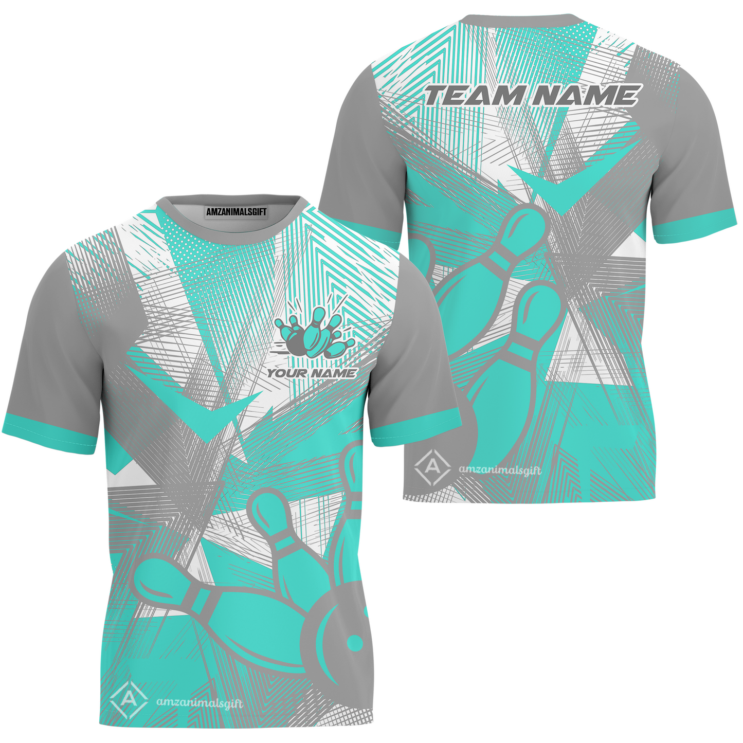 Customized Bowling T-Shirt, Bowling Ball And Pins Esport Pattern Multicolor Option T-Shirt Uniform For Bowlers