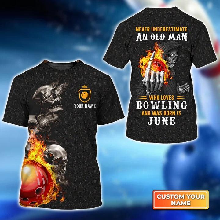 Customized Bowling T Shirt, Bowling Skull Never Underestimate An Old Man And Was Born In June Personalized Bowling T Shirt - Gift For Bowling Lovers - Amzanimalsgift
