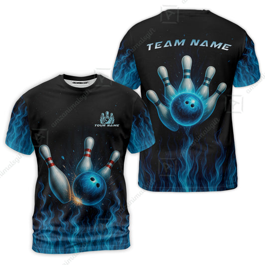Customized Bowling T-Shirt, Intense Blue Flame Strike T-Shirt For Bowling Team, Bowlers