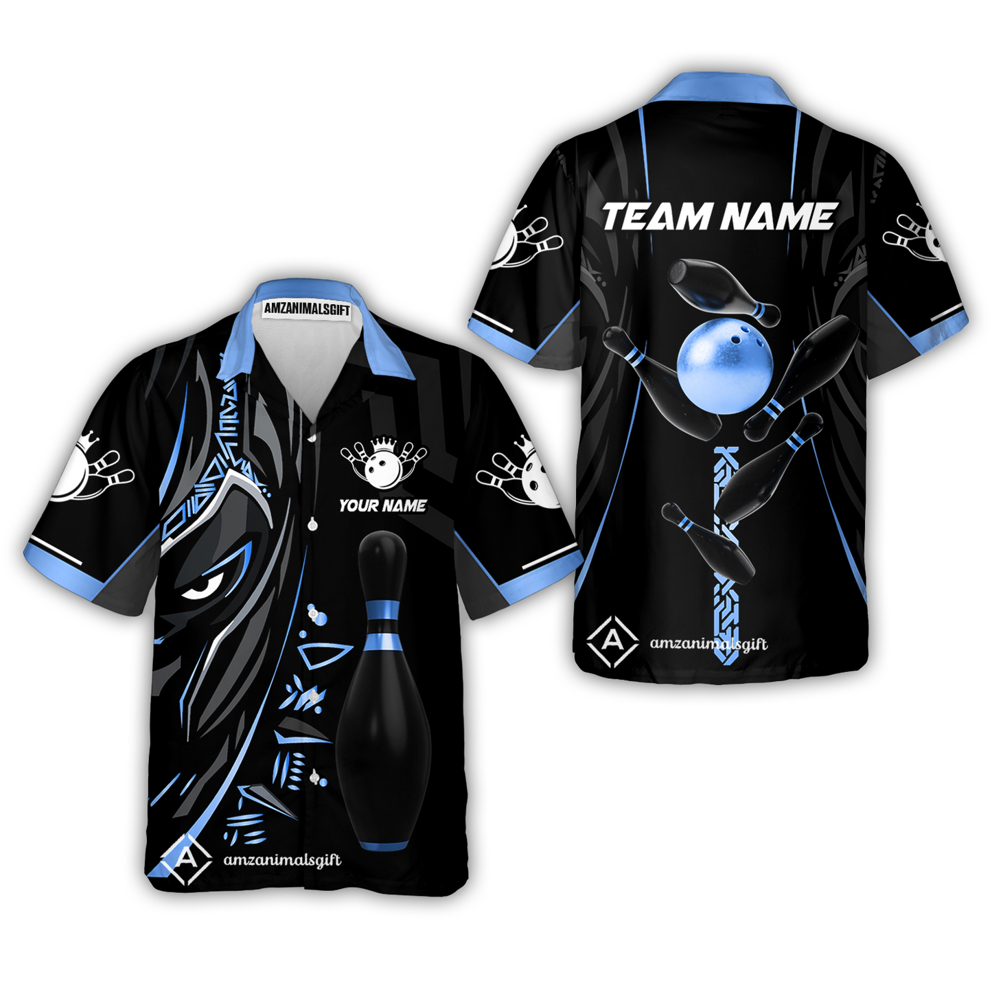 Customized Bowling Team Button Up Shirt Ball & Pins Black Panther, Personalized Name Multicolor Hawaiian Shirt For Bowlers