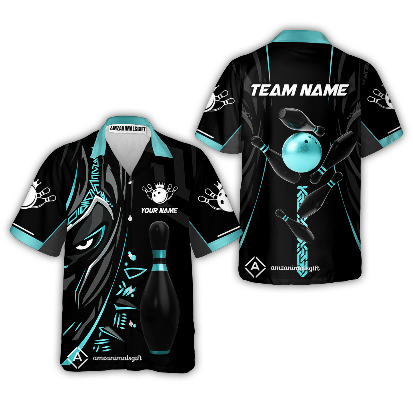 Customized Bowling Team Button Up Shirt Ball & Pins Black Panther, Personalized Name Multicolor Hawaiian Shirt For Bowlers