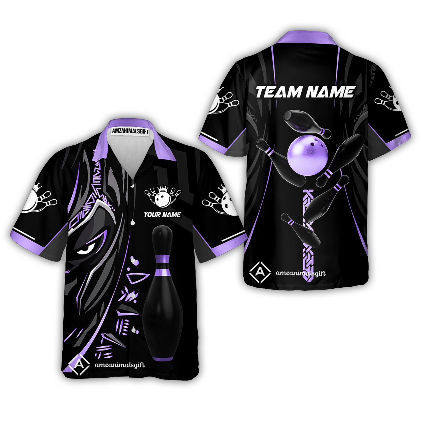 Customized Bowling Team Button Up Shirt Ball & Pins Black Panther, Personalized Name Multicolor Hawaiian Shirt For Bowlers