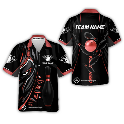 Customized Bowling Team Button Up Shirt Ball & Pins Black Panther, Personalized Name Multicolor Hawaiian Shirt For Bowlers
