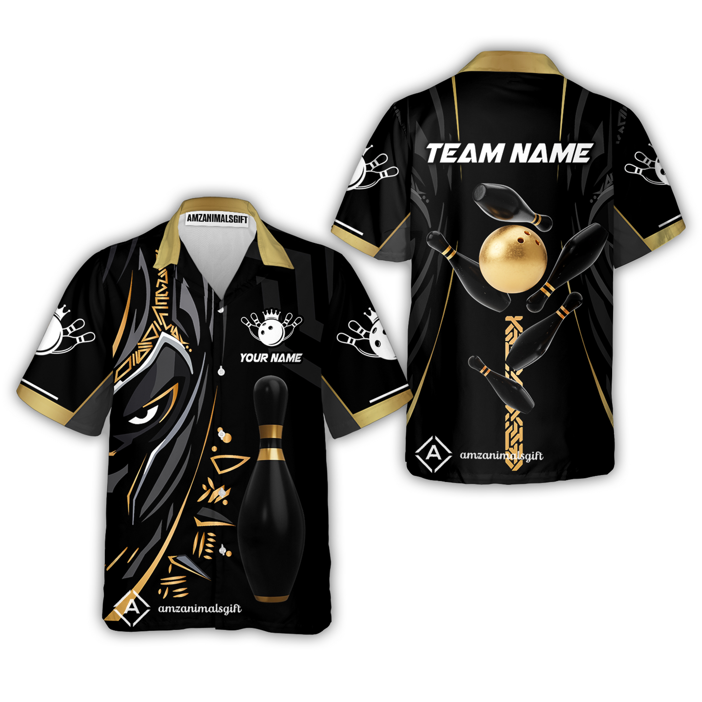 Customized Bowling Team Button Up Shirt Ball & Pins Black Panther, Personalized Name Multicolor Hawaiian Shirt For Bowlers
