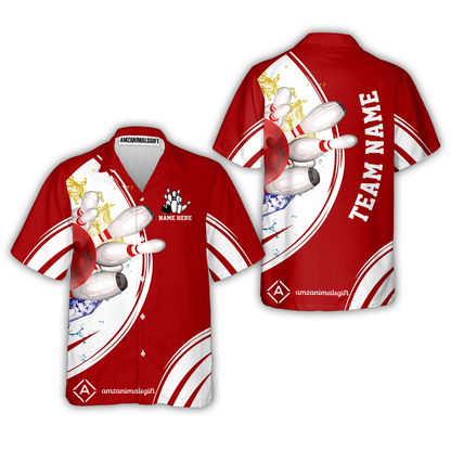 Customized Bowling Team Button Up Shirt Cyan Red Blue Bowling Uniforms Hawaiian Shirt, Personalized Name And Team Name