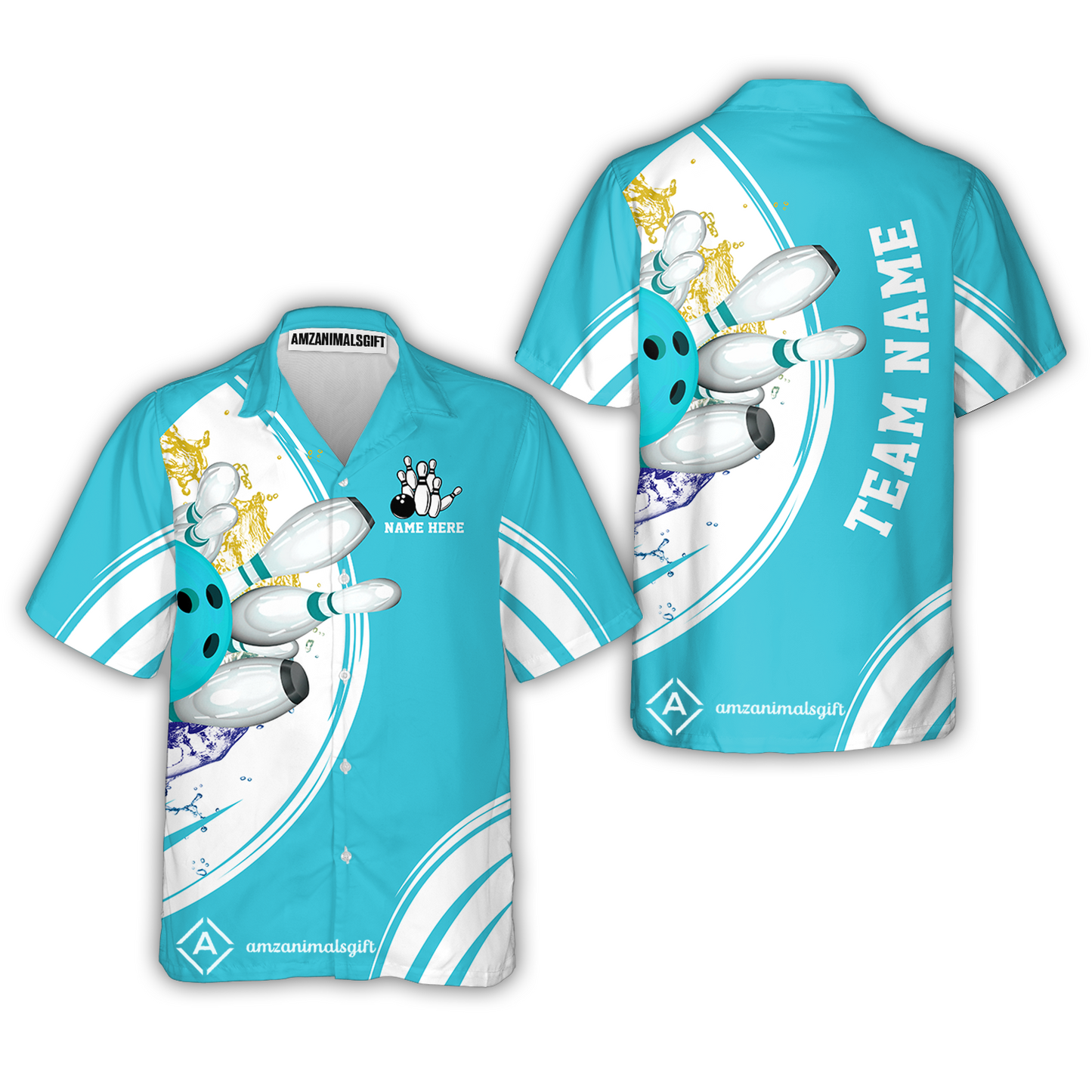 Customized Bowling Team Button Up Shirt Cyan Red Blue Bowling Uniforms Hawaiian Shirt, Personalized Name And Team Name