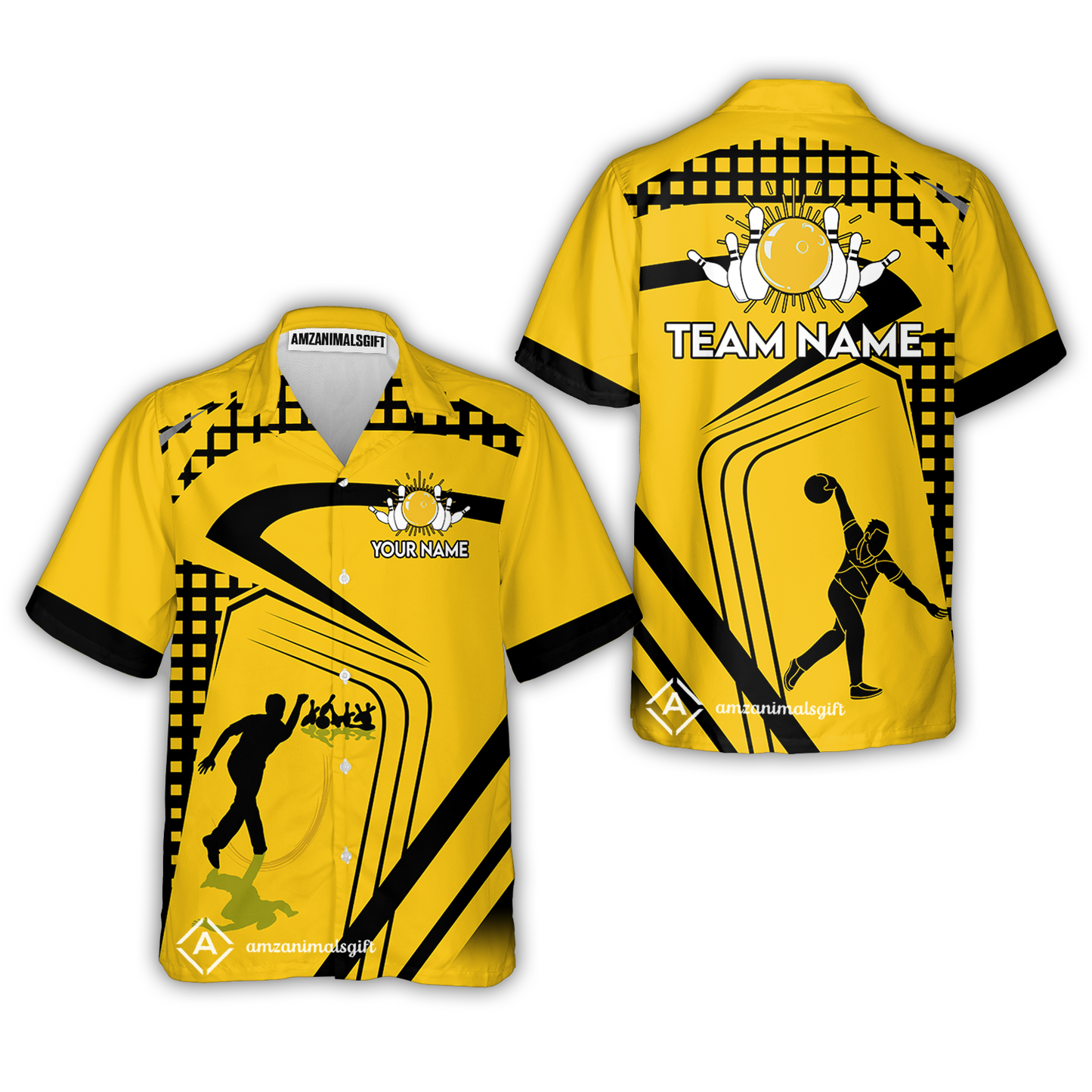 Customized Bowling Team Button Up Shirts, Yellow Slash Bowling Hawaiian Shirt Personalized Name And Team Name For Bowlers