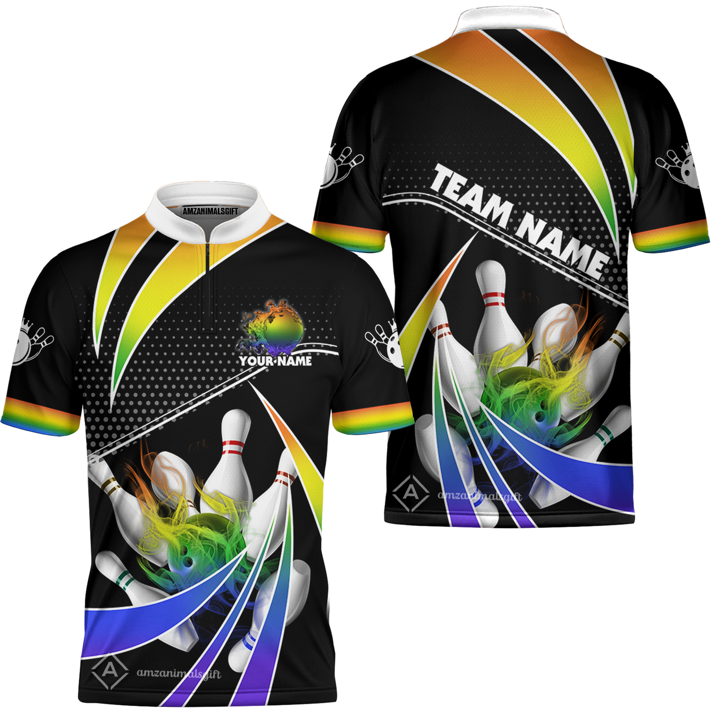 Customized Bowling Team Jersey, Bowling Ball & Pins Fire Light Sport Quarter-Zip Jersey Shirt Multicolor Option For Bowlers