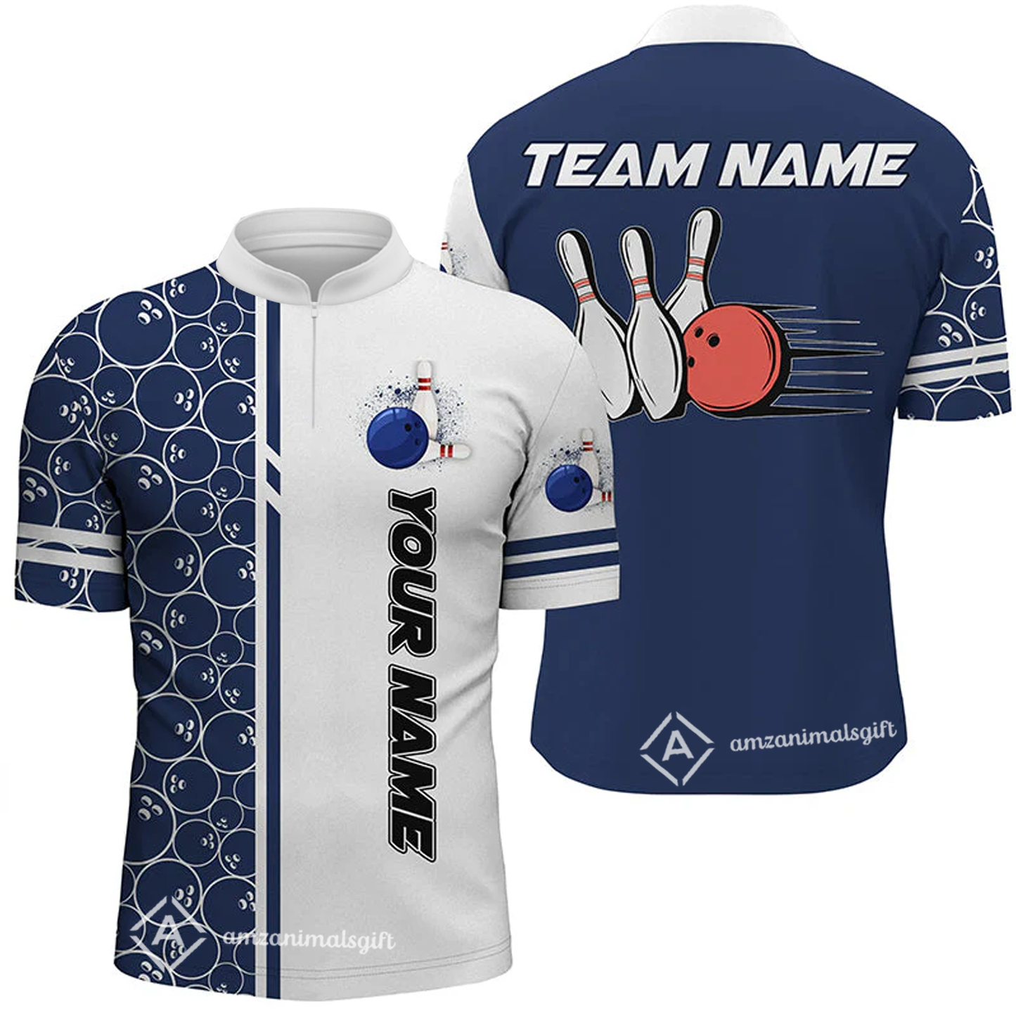 Customized Bowling Team Polo Shirt, Bowling White And Blue Pattern Uniforms Jerseys Personalized Name And Team Name For Bowlers