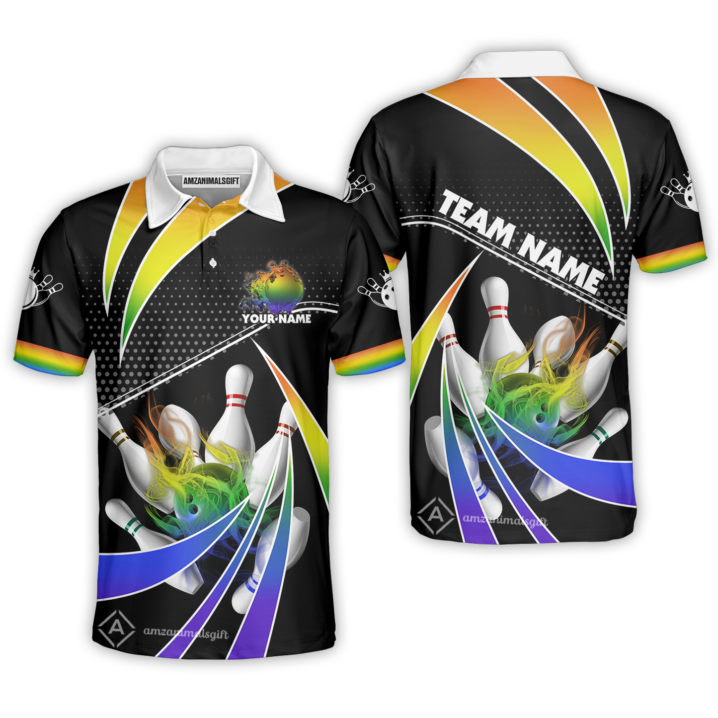 Customized Bowling Team Polo Shirt, Bowling Ball & Pins Fire Light Sport Unisex Polo Shirt Multicolor Option For Bowlers