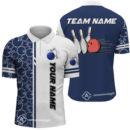 Customized Bowling Team Polo Shirt, Bowling White And Blue Pattern Uniforms Jerseys Personalized Name And Team Name For Bowlers