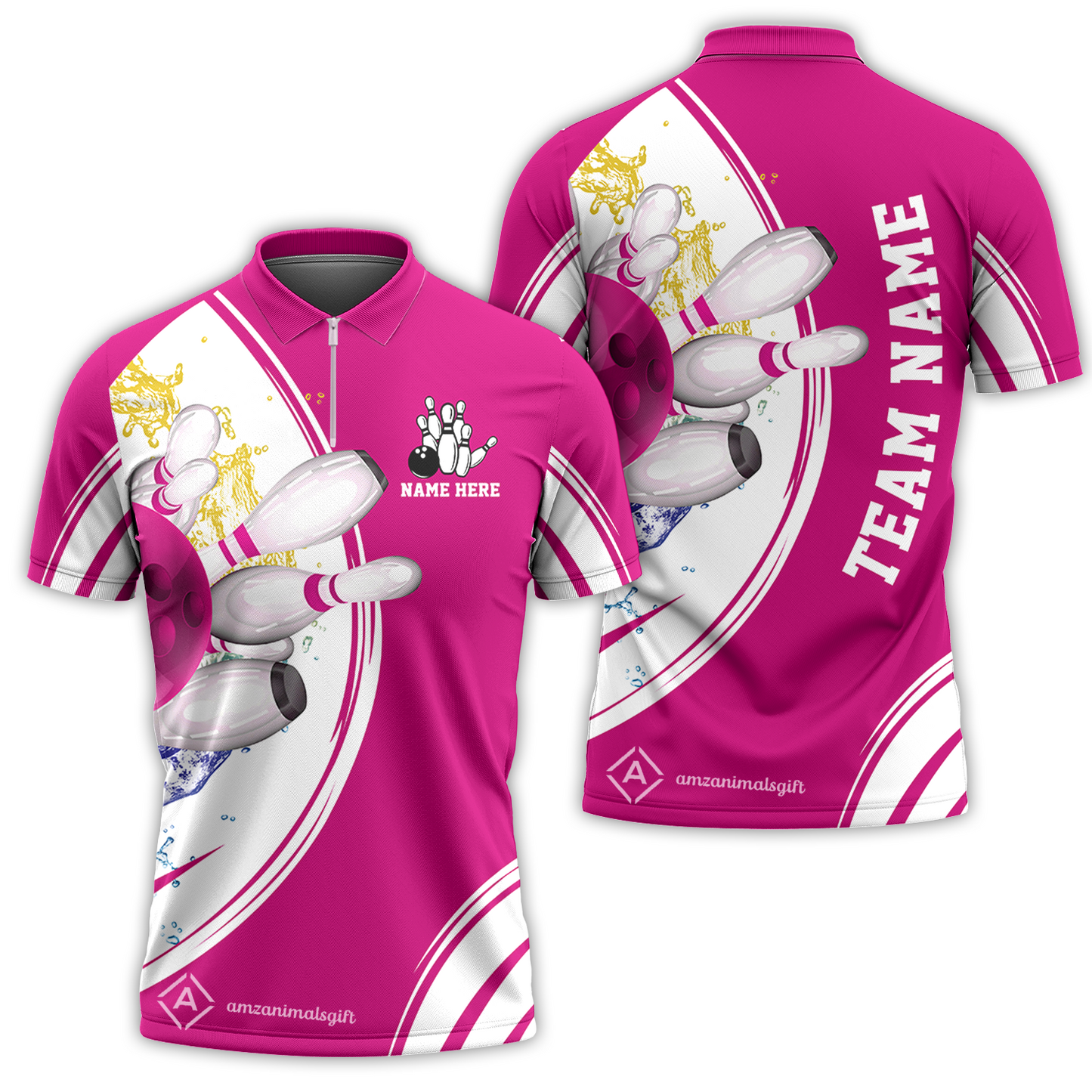 Customized Bowling Team Quarter-Zip Polo Shirt, Custom Cyan Red Blue Bowling Uniforms, Personalized Name And Team Name