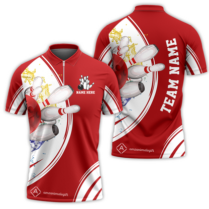 Customized Bowling Team Quarter-Zip Polo Shirt, Custom Cyan Red Blue Bowling Uniforms, Personalized Name And Team Name