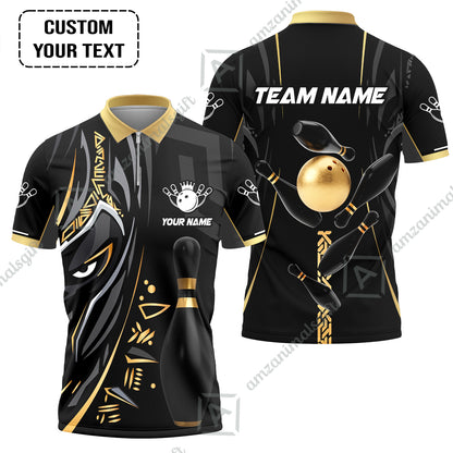 Customized Bowling Team Quarter-Zip Polo Shirts Bowling Ball & Pins Black Panther, Personalized Name Multicolor Shirt For Bowlers