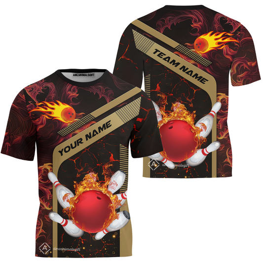 Customized Bowling Team T-Shirt, Bowling In Flaming With Magna Pattern T-Shirt Uniform For Bowlers