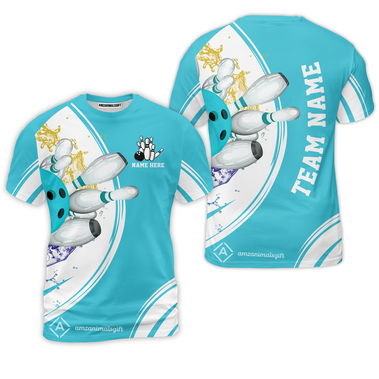 Customized Bowling Team T-Shirts, Custom Cyan Red Blue Bowling Uniforms Jerseys, Personalized Name And Team Name