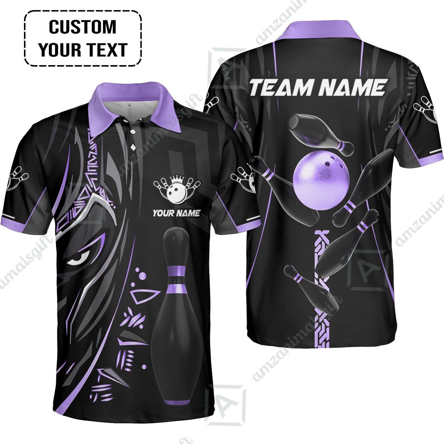 Customized Bowling Team Unisex Polo Shirts Bowling Ball & Pins Black Panther, Personalized Name Multicolor Shirt For Bowlers