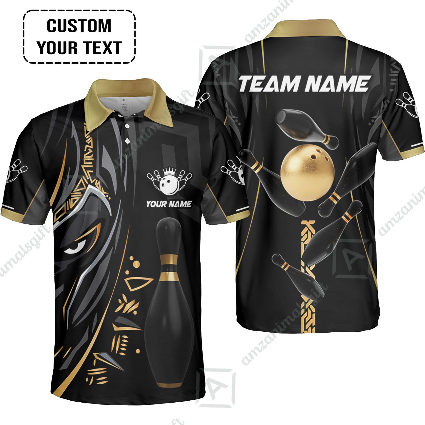 Customized Bowling Team Unisex Polo Shirts Bowling Ball & Pins Black Panther, Personalized Name Multicolor Shirt For Bowlers