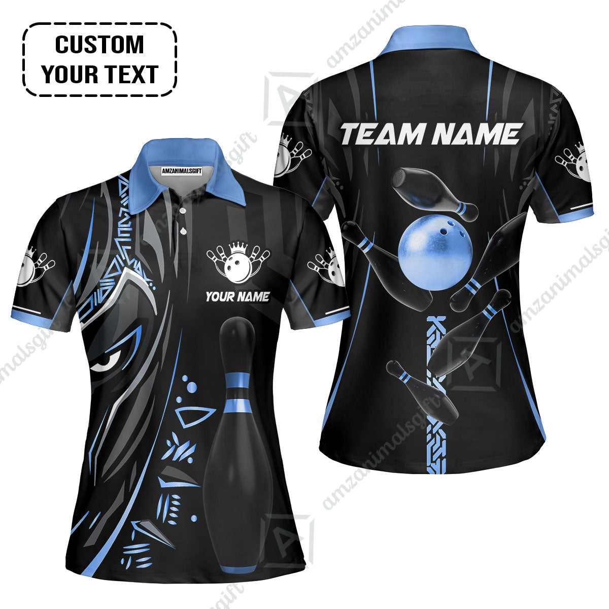 Customized Bowling Team Women Polo Shirts Bowling Ball & Pins Black Panther, Personalized Name Multicolor Shirt For Bowlers