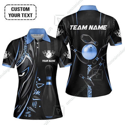 Customized Bowling Team Women Polo Shirts Bowling Ball & Pins Black Panther, Personalized Name Multicolor Shirt For Bowlers