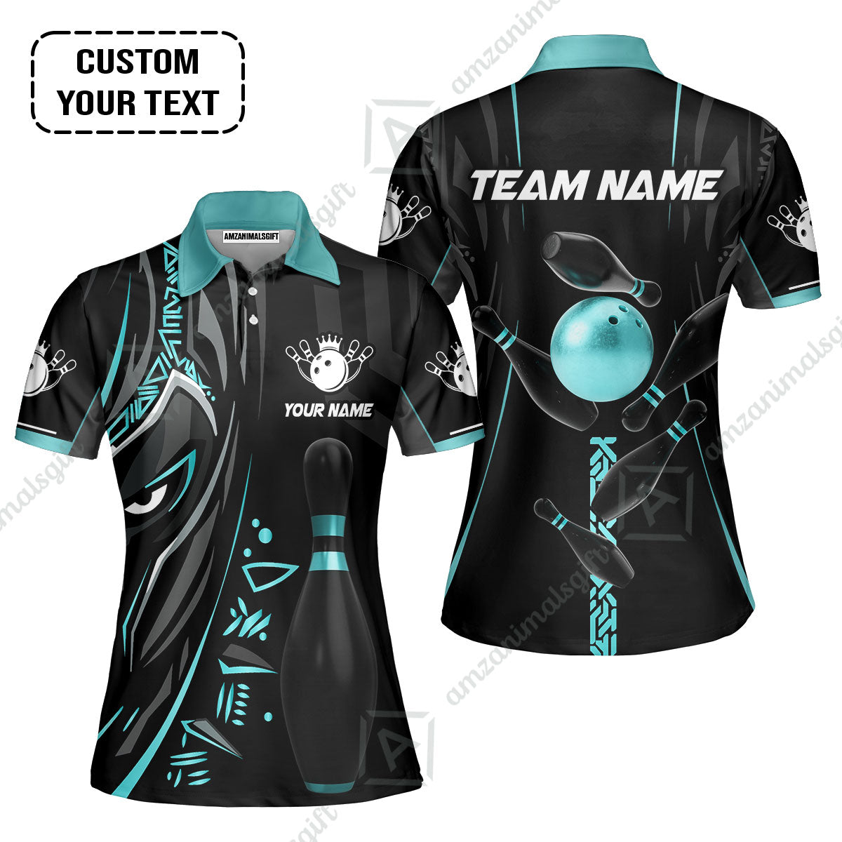 Customized Bowling Team Women Polo Shirts Bowling Ball & Pins Black Panther, Personalized Name Multicolor Shirt For Bowlers