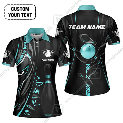 Customized Bowling Team Women Polo Shirts Bowling Ball & Pins Black Panther, Personalized Name Multicolor Shirt For Bowlers