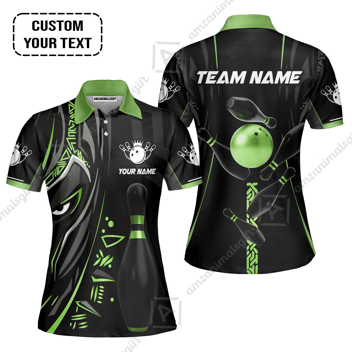 Customized Bowling Team Women Polo Shirts Bowling Ball & Pins Black Panther, Personalized Name Multicolor Shirt For Bowlers