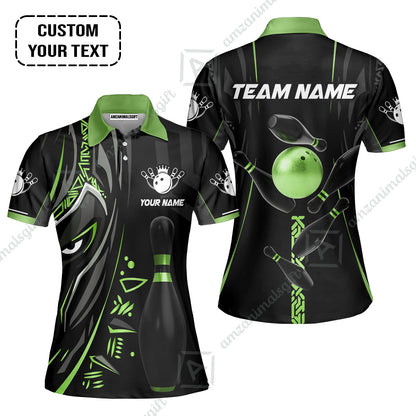 Customized Bowling Team Women Polo Shirts Bowling Ball & Pins Black Panther, Personalized Name Multicolor Shirt For Bowlers