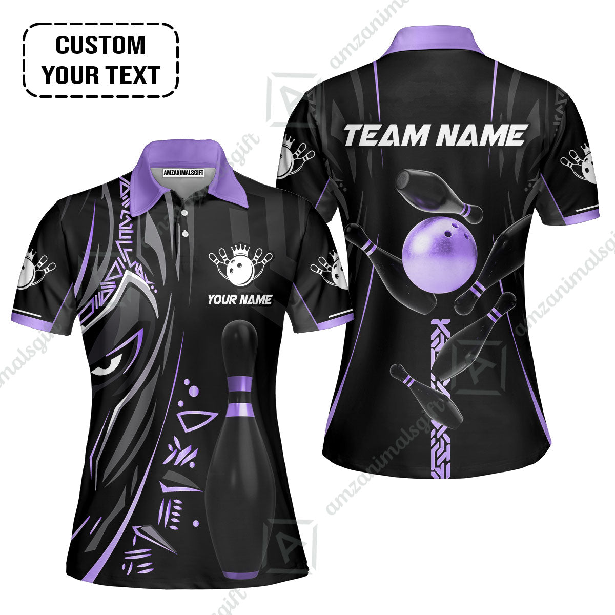 Customized Bowling Team Women Polo Shirts Bowling Ball & Pins Black Panther, Personalized Name Multicolor Shirt For Bowlers