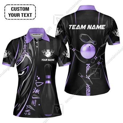 Customized Bowling Team Women Polo Shirts Bowling Ball & Pins Black Panther, Personalized Name Multicolor Shirt For Bowlers