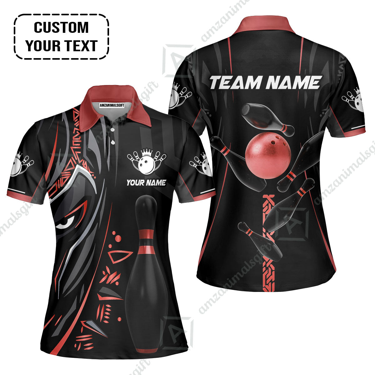 Customized Bowling Team Women Polo Shirts Bowling Ball & Pins Black Panther, Personalized Name Multicolor Shirt For Bowlers