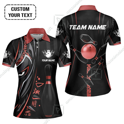 Customized Bowling Team Women Polo Shirts Bowling Ball & Pins Black Panther, Personalized Name Multicolor Shirt For Bowlers