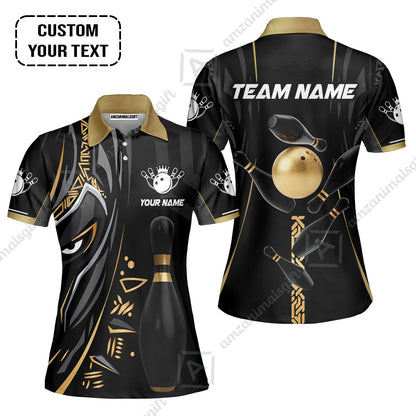 Customized Bowling Team Women Polo Shirts Bowling Ball & Pins Black Panther, Personalized Name Multicolor Shirt For Bowlers
