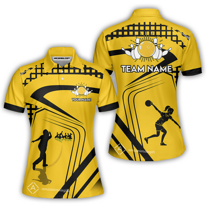 Customized Bowling Team Women Polo Shirts, Yellow Slash Bowling Uniforms Personalized Name And Team Name For Bowlers