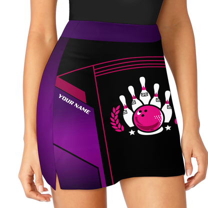 Customized Bowling Trouser Skirts With Shorts Underneath, Bowling Esports Purple Pattern Skorts With Pockets For Bowler