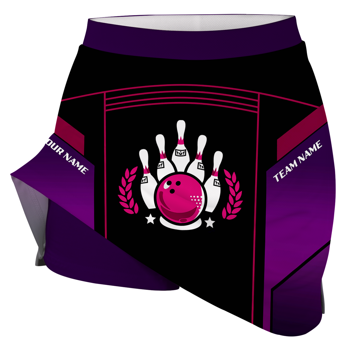Customized Bowling Trouser Skirts With Shorts Underneath, Bowling Esports Purple Pattern Skorts With Pockets For Bowler