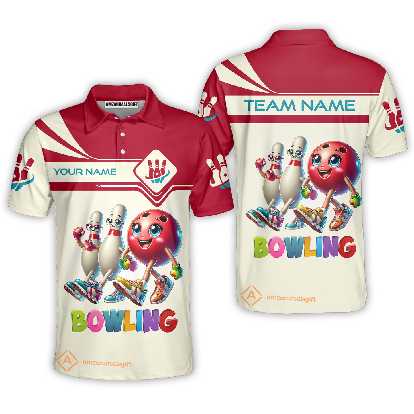 Customized Bowling Unisex Polo Shirt, Bowling Ball and Pins Together Polo Shirt Uniform For Bowlers, Bowling Team