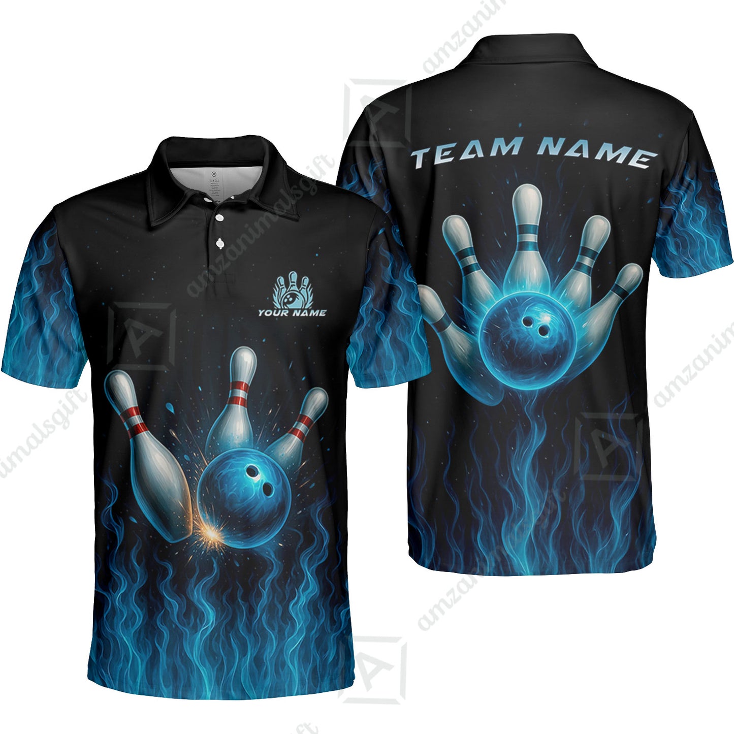 Customized Bowling Unisex Polo Shirt, Intense Blue Flame Strike Polo Shirt For Bowling Team, Bowlers