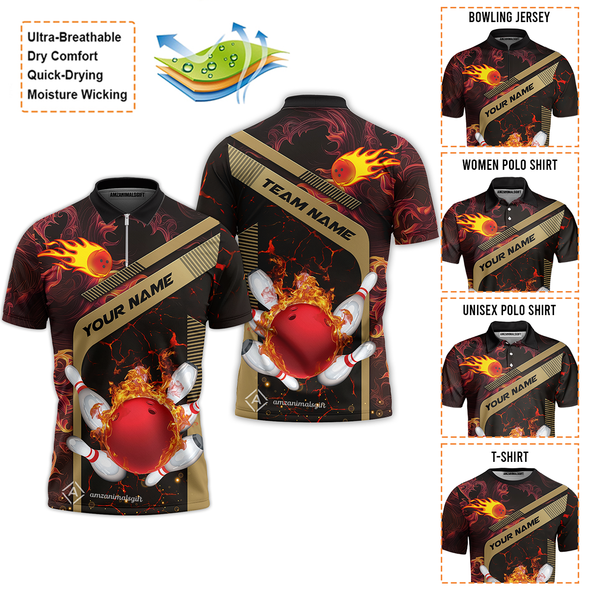 Customized Bowling Unisex Quarter-Zip Polo Shirt, Bowling In Flaming With Magna Pattern Zip Polo Shirt Uniform For Bowlers
