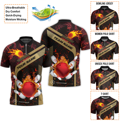Customized Bowling Unisex Quarter-Zip Polo Shirt, Bowling In Flaming With Magna Pattern Zip Polo Shirt Uniform For Bowlers