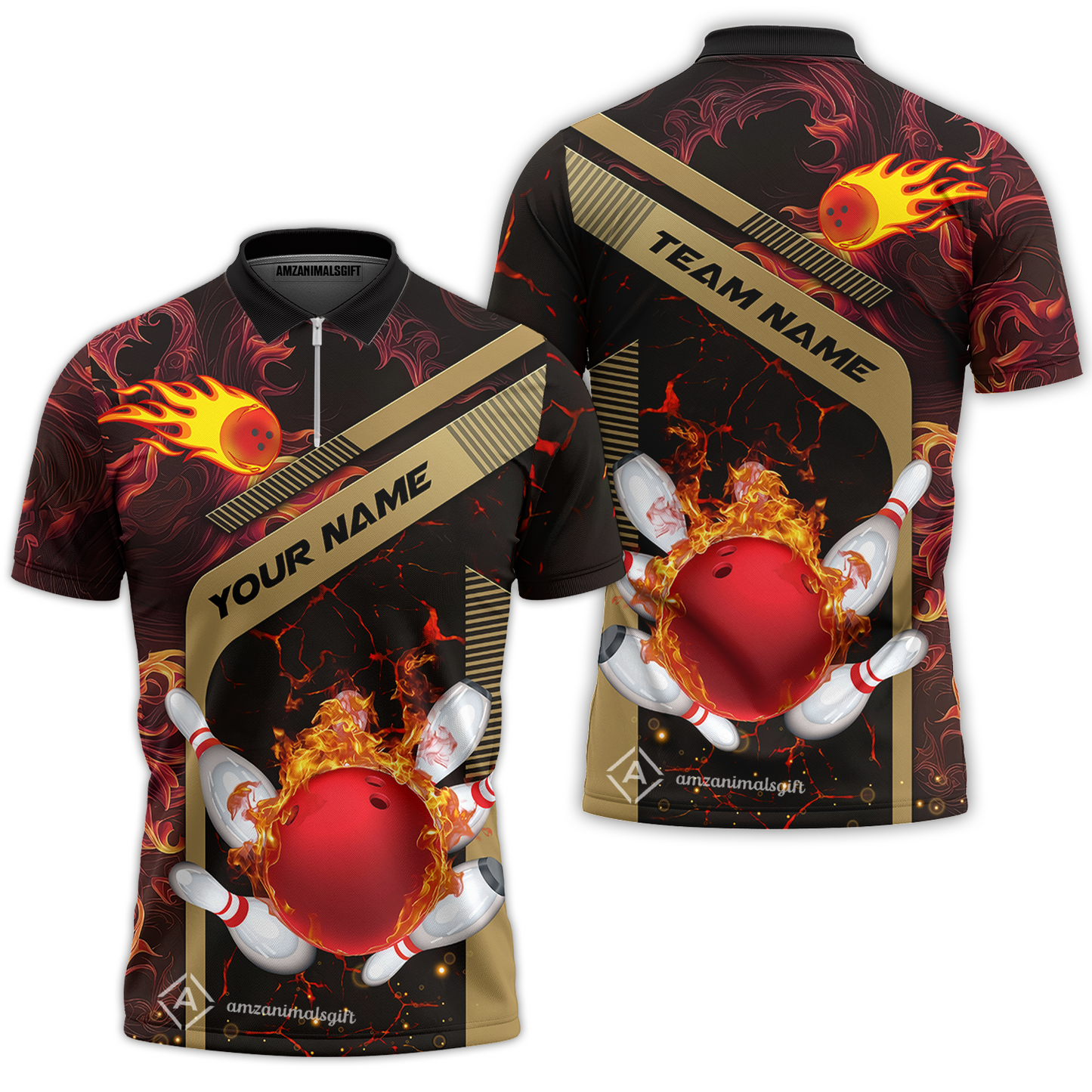 Customized Bowling Unisex Quarter-Zip Polo Shirt, Bowling In Flaming With Magna Pattern Zip Polo Shirt Uniform For Bowlers