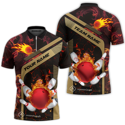 Customized Bowling Unisex Quarter-Zip Polo Shirt, Bowling In Flaming With Magna Pattern Zip Polo Shirt Uniform For Bowlers