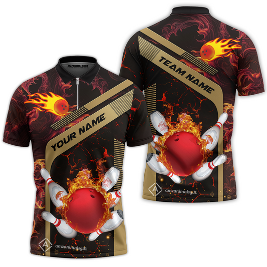 Customized Bowling Unisex Quarter-Zip Polo Shirt, Bowling In Flaming With Magna Pattern Zip Polo Shirt Uniform For Bowlers