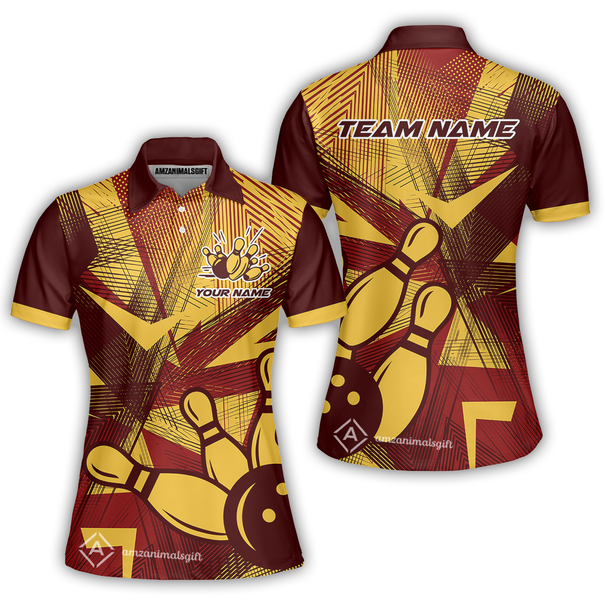 Customized Bowling Women Polo Shirt, Bowling Ball And Pins Esports Pattern Women Polo Shirt Uniform For Bowlers