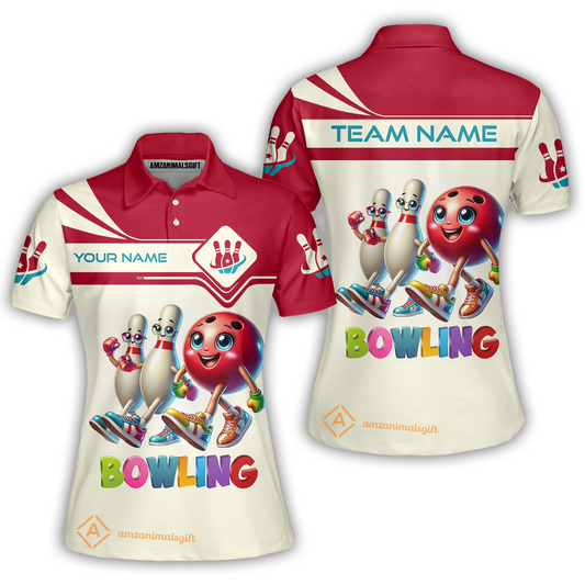 Customized Bowling Women Polo Shirt, Bowling Ball and Pins Together Women Polo Shirt Uniform For Bowlers, Bowling Team