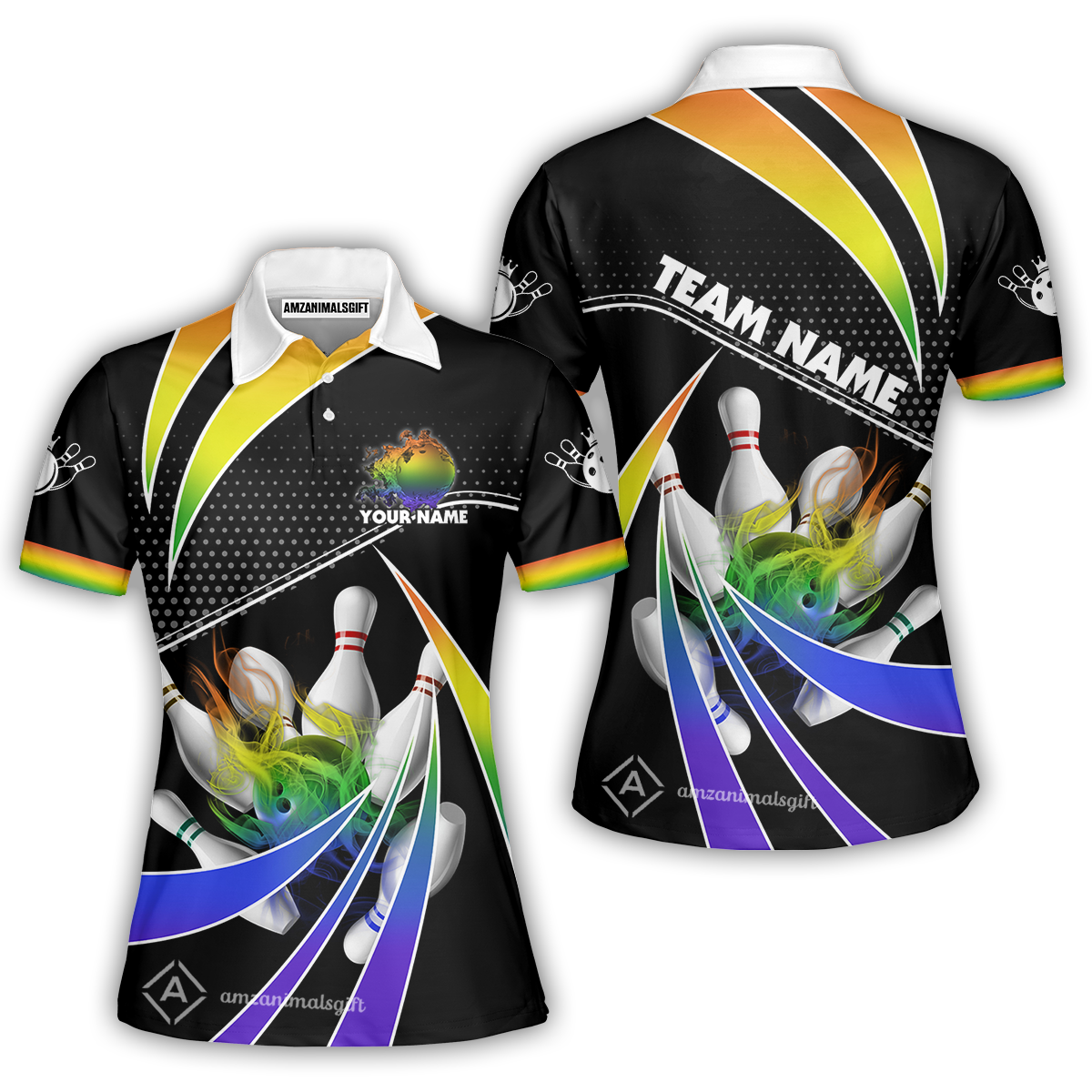 Customized Bowling Women Polo Shirt, Bowling Ball & Pins Fire Light Sport Women Polo Shirt Multicolor Option For Bowlers