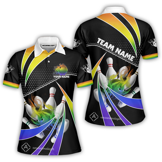 Customized Bowling Women Polo Shirt, Bowling Ball & Pins Fire Light Sport Women Polo Shirt Multicolor Option For Bowlers