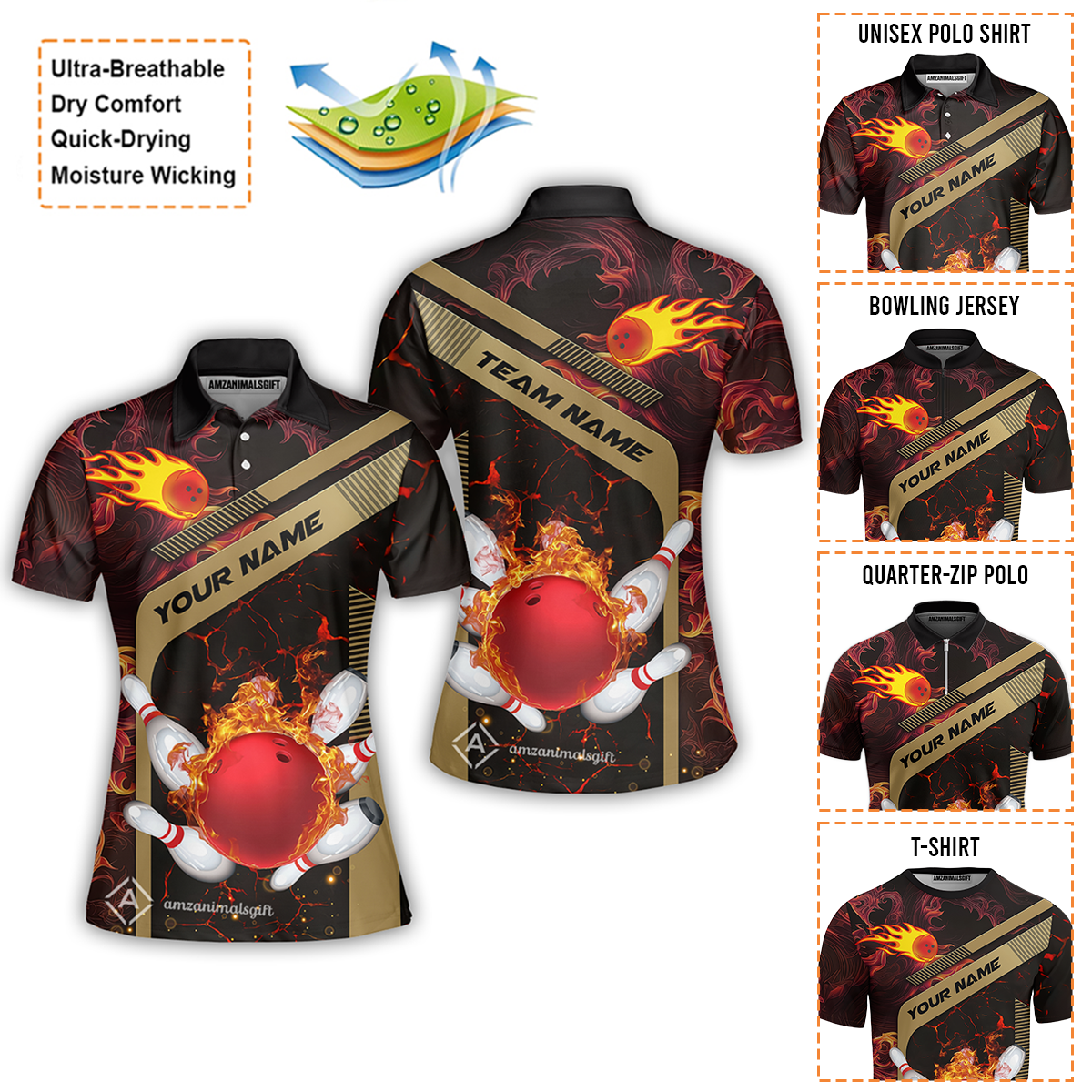 Customized Bowling Women Polo Shirt, Bowling In Flaming With Magna Pattern Women Polo Shirt Uniform For Bowlers