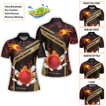 Customized Bowling Women Polo Shirt, Bowling In Flaming With Magna Pattern Women Polo Shirt Uniform For Bowlers